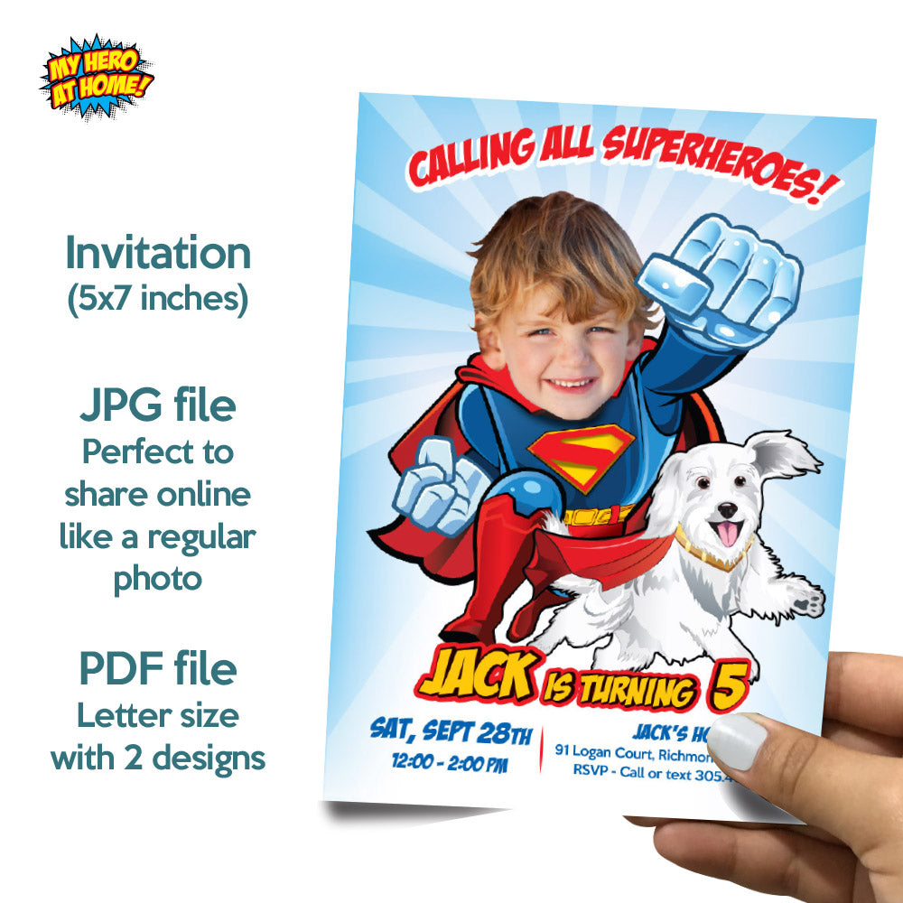 Superman and Krypto Birthday Party Matching decor, Superkid and Krypto Invite and Thanks, Custom Superkid Welcome Sign and Krypto Cake Topper. 2353B2