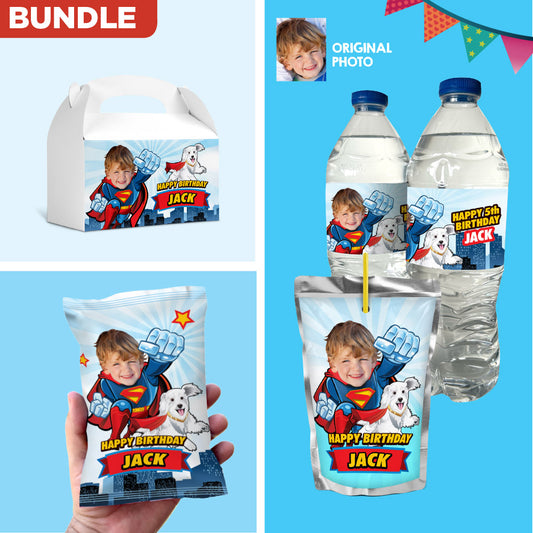 Superman and Krypto snacks labels matching set, Little Superman and Krypto water wrappers and Juice pouches, Chip bags and gable boxes. 2353B3