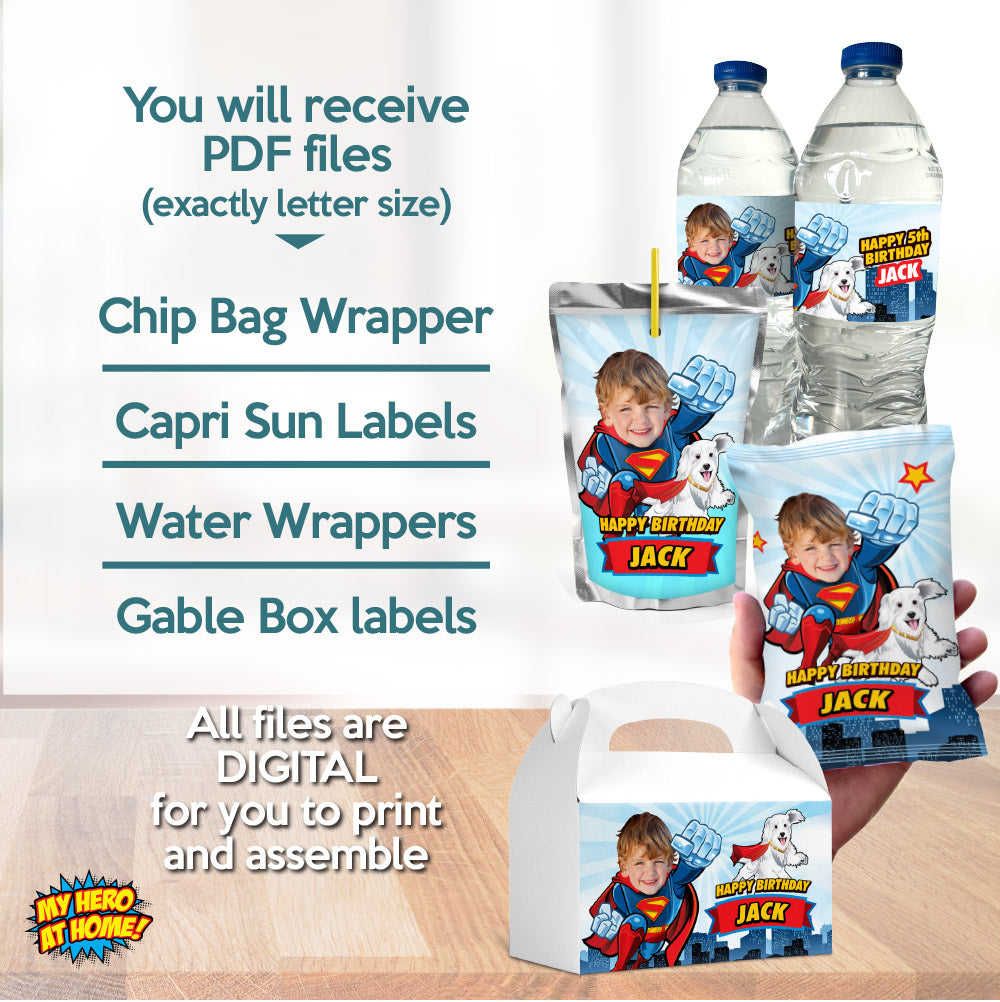 Superman and Krypto snacks labels matching set, Little Superman and Krypto water wrappers and Juice pouches, Chip bags and gable boxes. 2353B3
