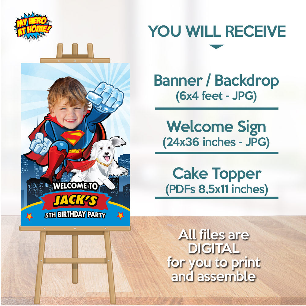 Custom Superman and Krypto Party decoration, Superman and Krypto Banner Backdrop, Cake ideas with Krypto, Superman 2025 Welcome Sign. 2353B4