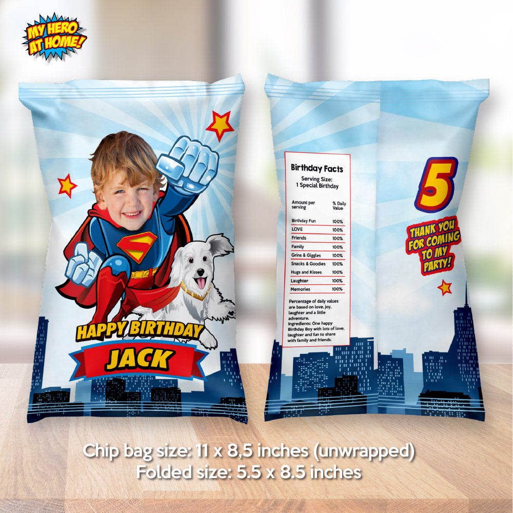 Superman & Krypto personalized chip bags and snack wrappers , Superman and Krypto Party Favors bags. 2353CB