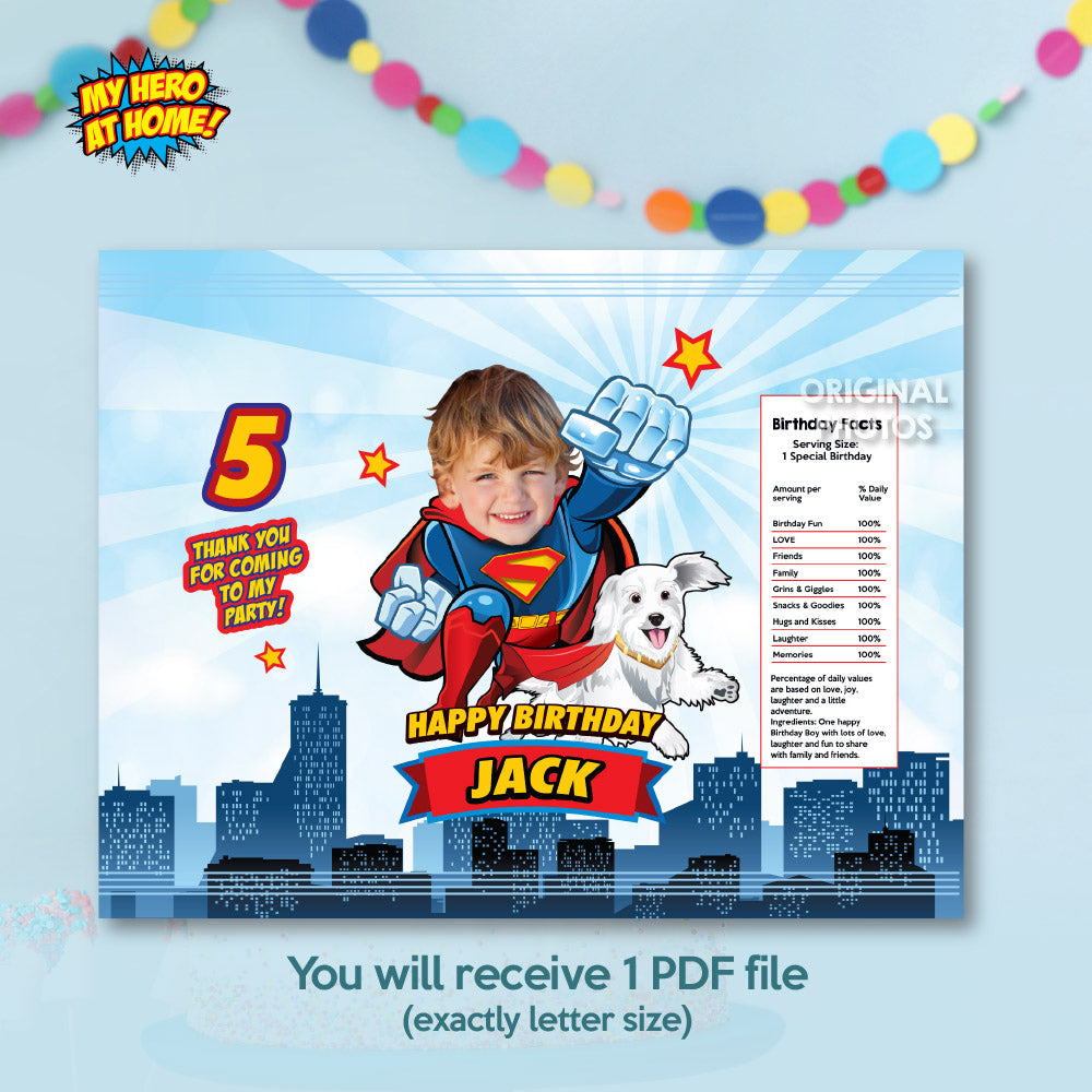 Superman & Krypto personalized chip bags and snack wrappers , Superman and Krypto Party Favors bags. 2353CB