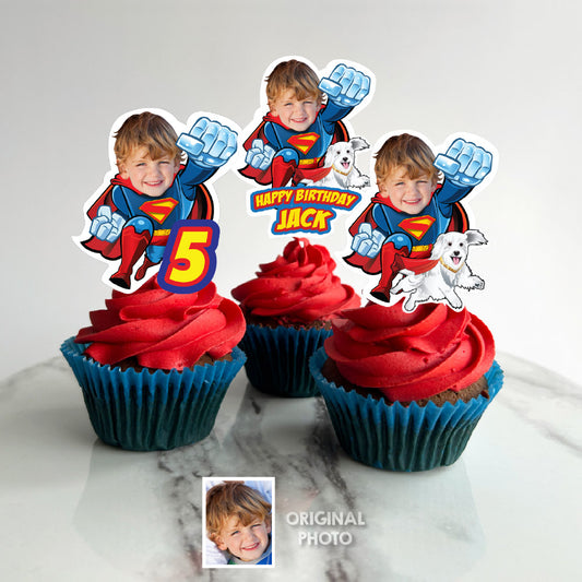 Superman and Krypto Cupcake Toppers with your Photo, Superboy with Krypto Cupcakes decor. 2353CK