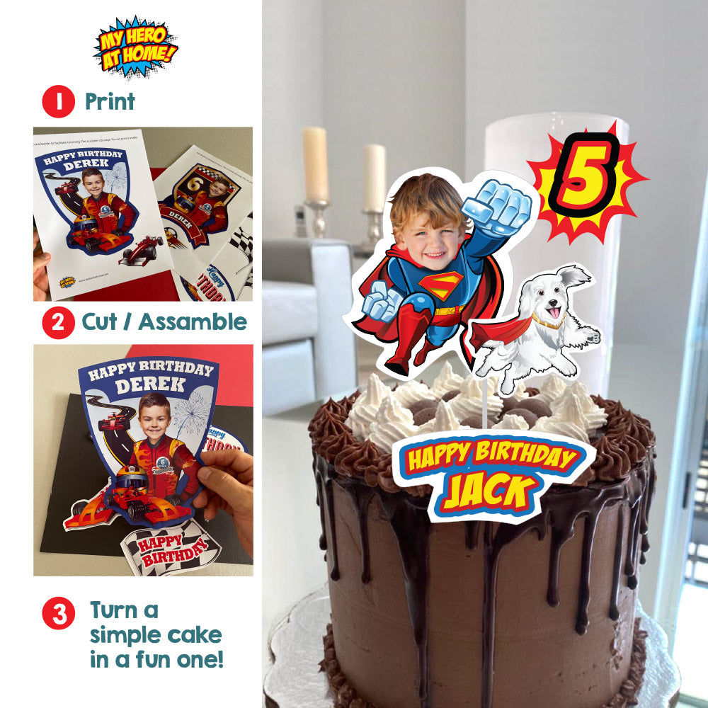 Superman and puppy Krypto party Cake, Superman and pup Krypto printable cake, New Superkid and puppy Krypto birthday cake. 2353CT2