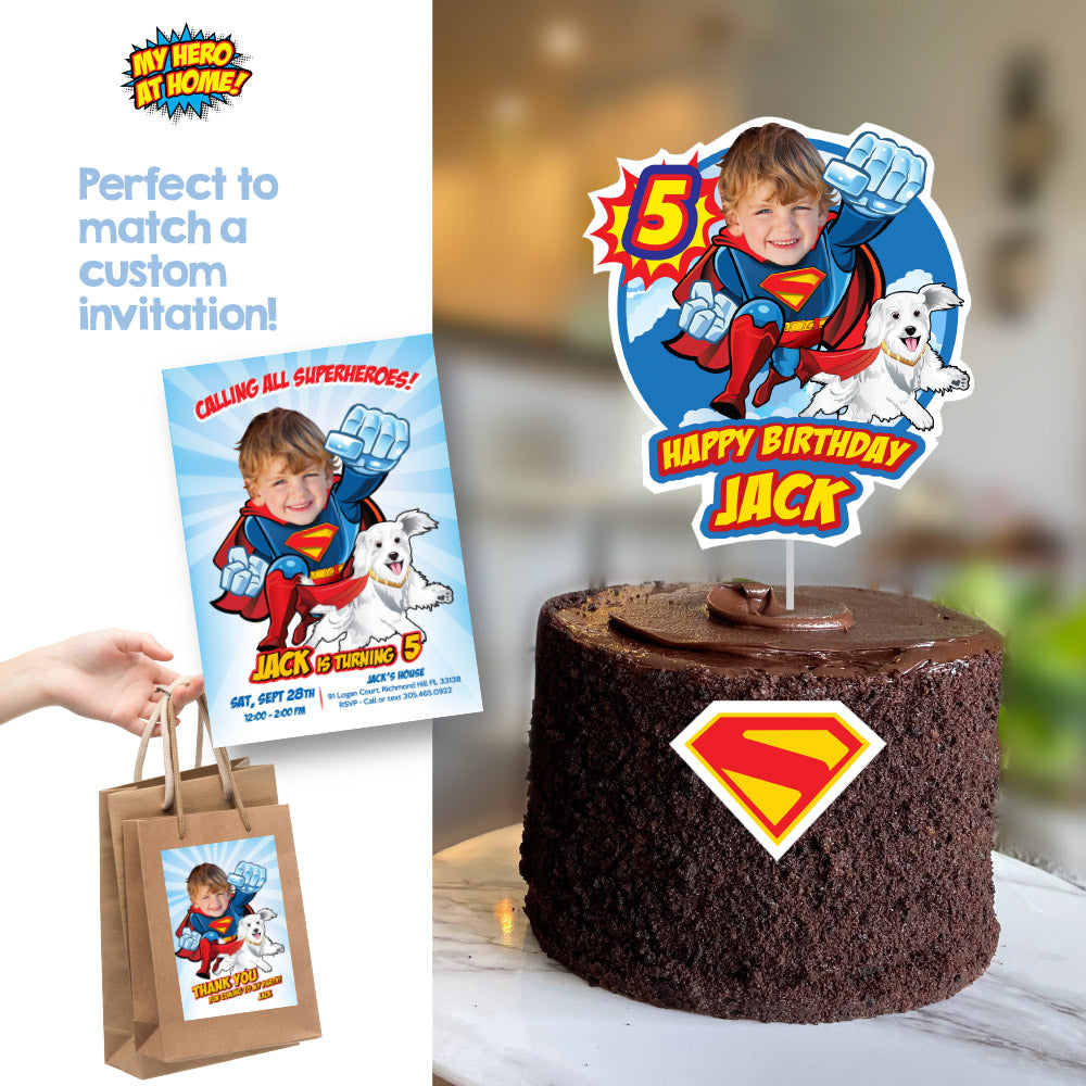 Superman and puppy Krypto party Cake, Superman and pup Krypto printable cake, New Superkid and puppy Krypto birthday cake. 2353CT2