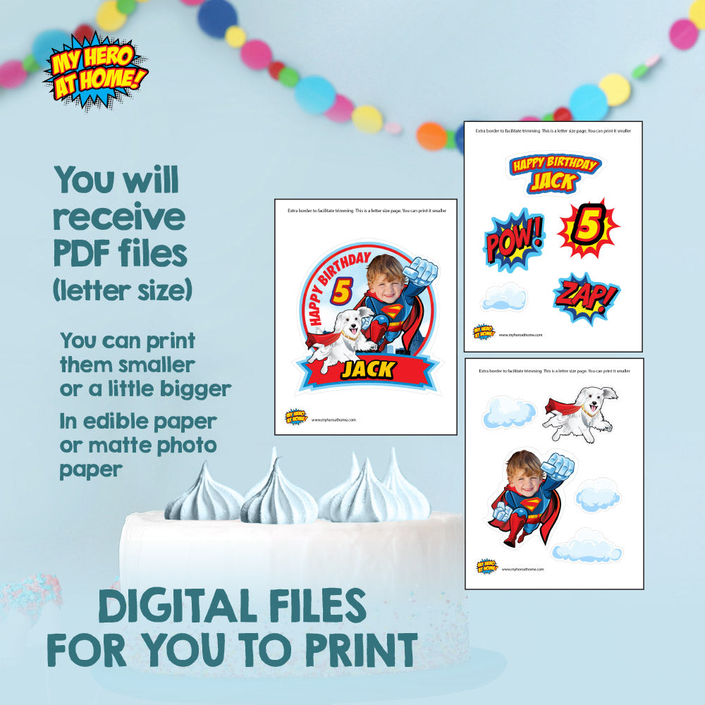 Superman and Krypto Birthday table Bundle, Superman and Krypto Cake ideas, snacks labels, Chip bags, Juices labels and candy box. 2353B1