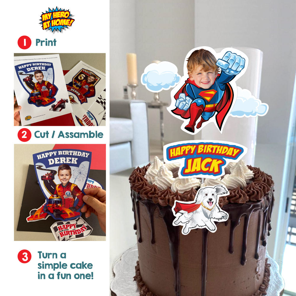 Little Superman and Krypto cake topper, New Superman and Krypto cake ideas, Flying Superman and Superdog cake. 2353CT
