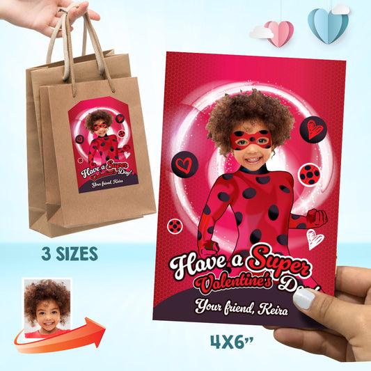 Custom Miraculous Ladybug Valentine’s day gifts tags with little girl as her favorite superhero. 2358VLB