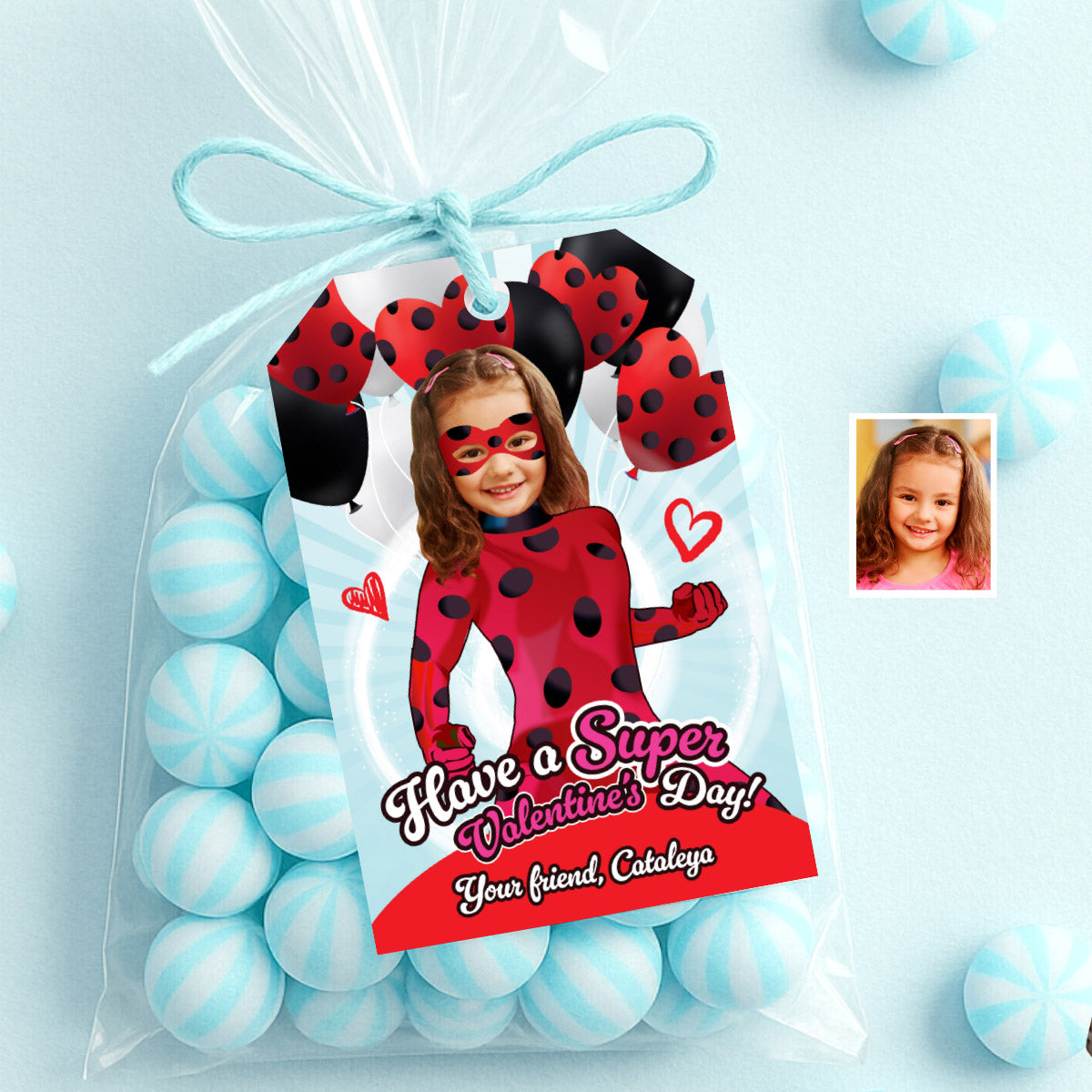 Personalized Miraculous Ladybug Valentines tags with girl as the star, Valentine Miraculous Ladybug themed tags. 2358VL