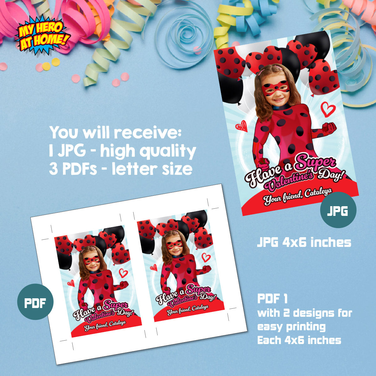 Personalized Miraculous Ladybug Valentines tags with girl as the star, Valentine Miraculous Ladybug themed tags. 2358VL