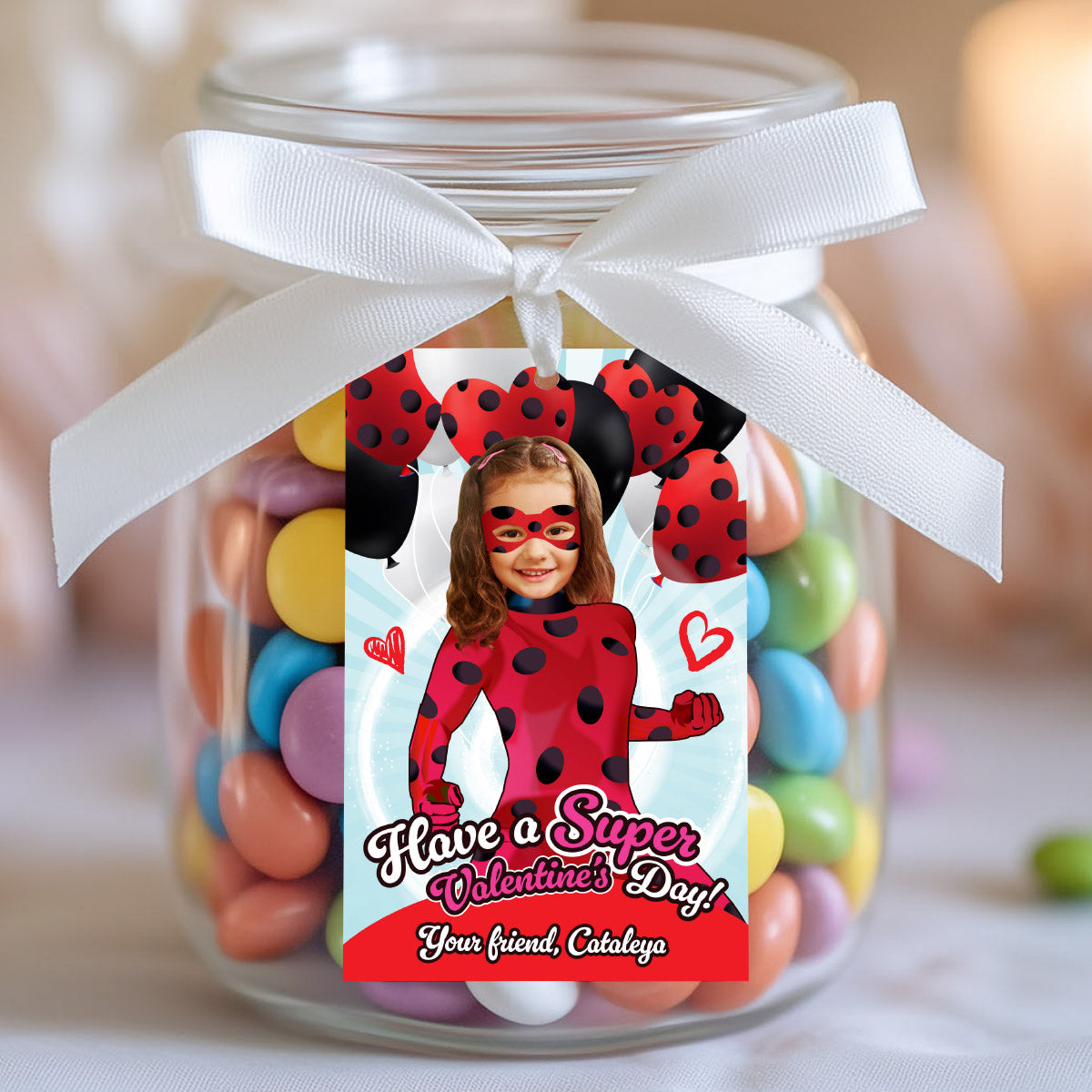 Personalized Miraculous Ladybug Valentines tags with girl as the star, Valentine Miraculous Ladybug themed tags. 2358VL