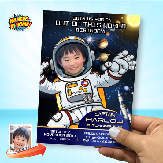 Out of this world Astronaut photo Invitation, Custom Outer Space Party with photo. 235IN