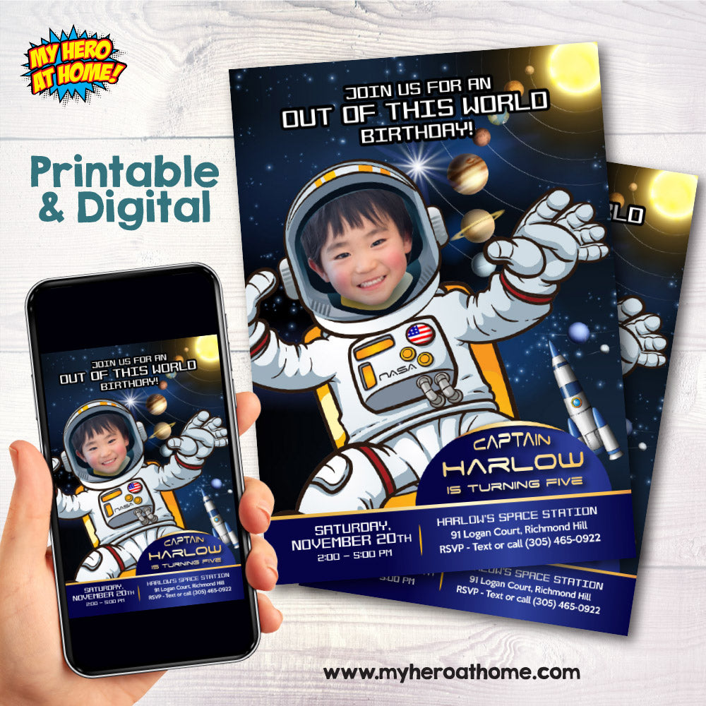Out of this world Astronaut photo Invitation, Custom Outer Space Party with photo. 235IN
