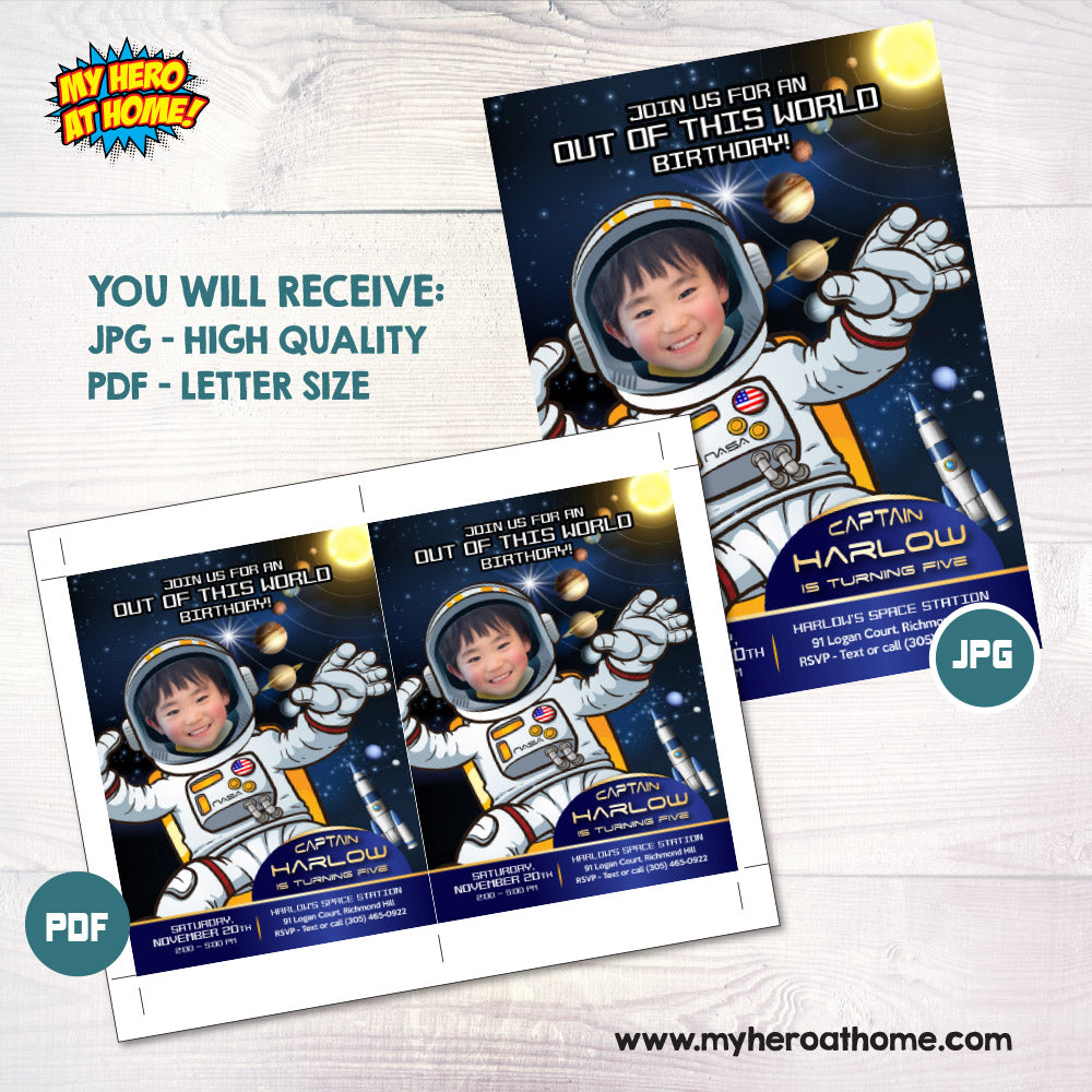 Out of this world Astronaut photo Invitation, Custom Outer Space Party with photo. 235IN