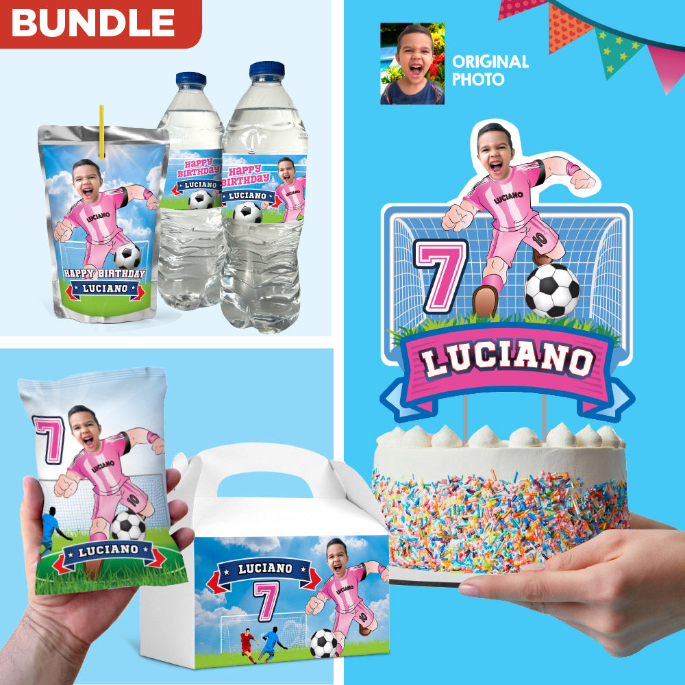 Matching birthday items for a Inter Miami Soccer themed table Party, cake topper, water, Chips, boxes. 2362B1