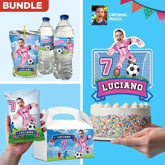 Matching birthday items for a Inter Miami Soccer themed table Party, cake topper, water, Chips, boxes. 2362B1
