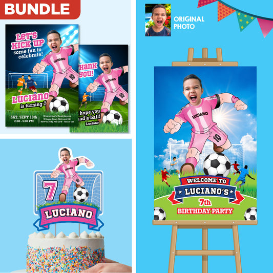 Personalized bundle for a Futbol Miami themed birthday Party with kid as the star player. 2362B2