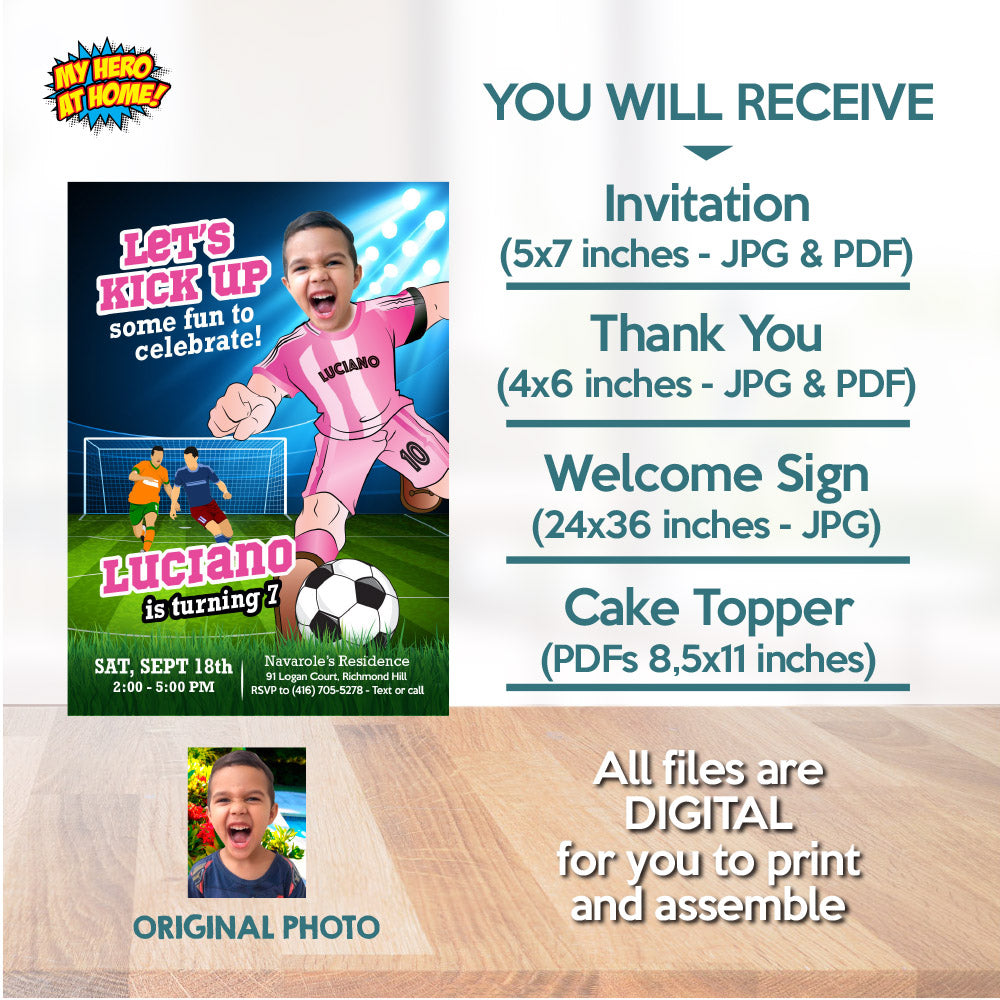 Personalized bundle for a Futbol Miami themed birthday Party with kid as the star player. 2362B2