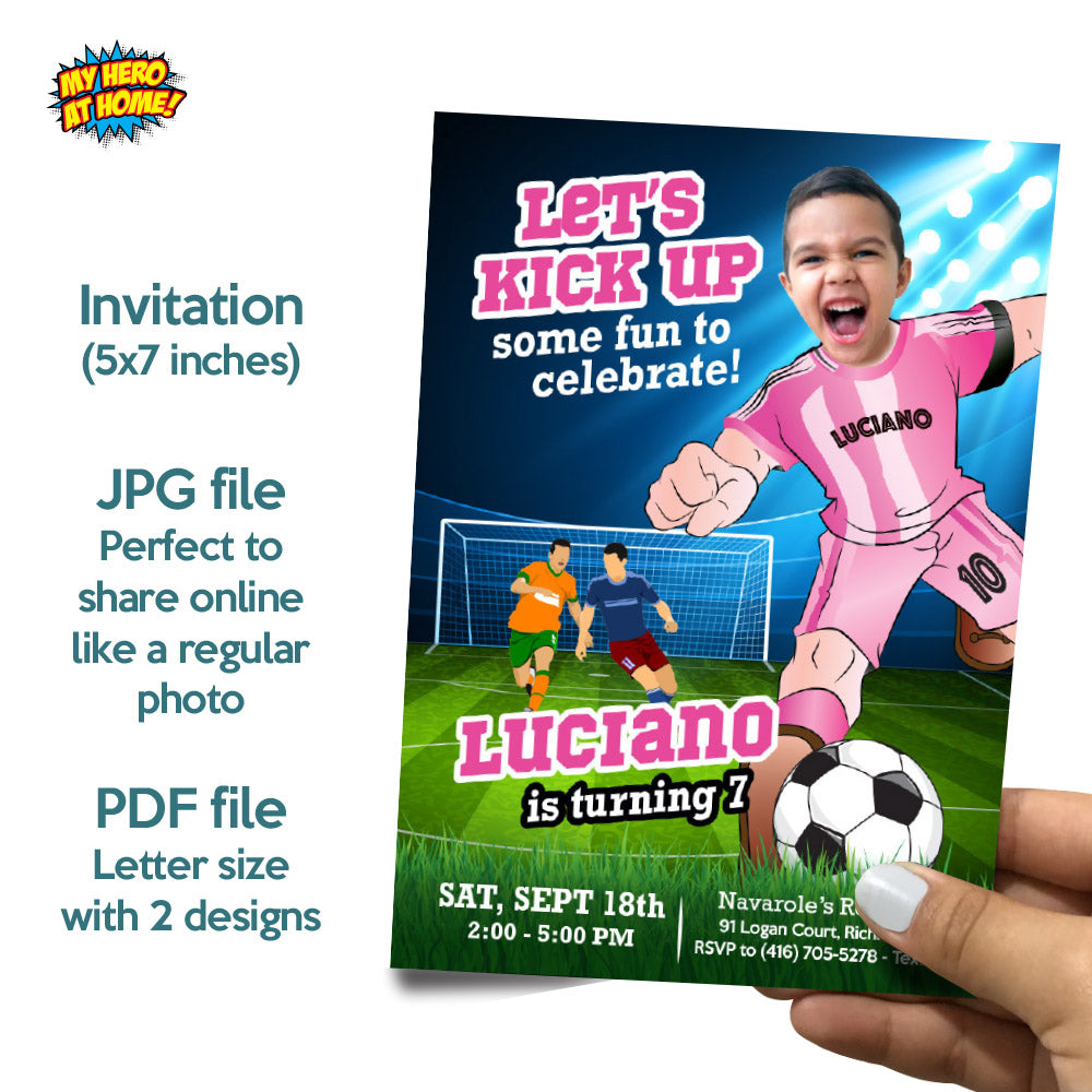 Personalized bundle for a Futbol Miami themed birthday Party with kid as the star player. 2362B2