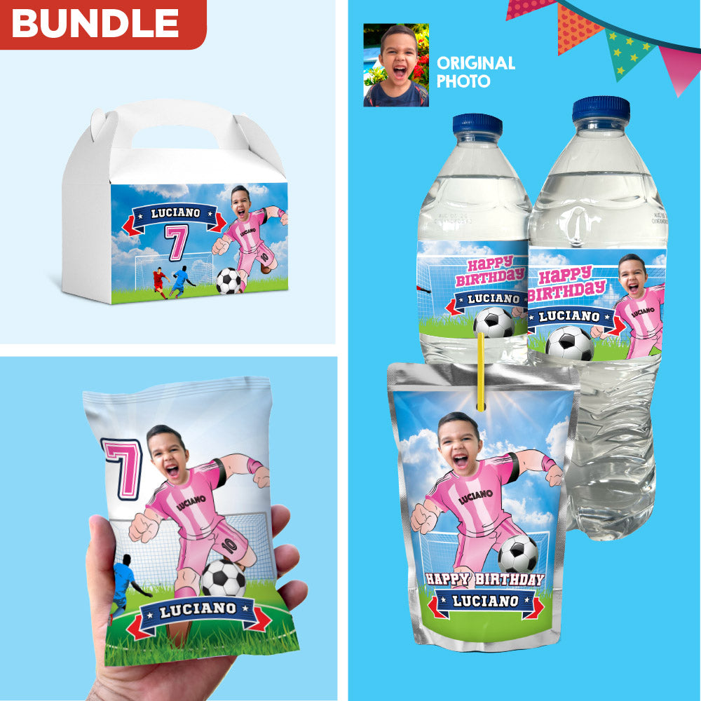 Bundle matching snacks labels for an Inter Miami Soccer birthday themed personalized with photo. 2362B3
