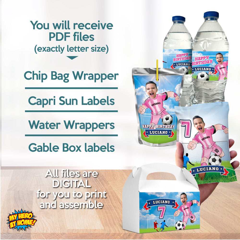 Bundle matching snacks labels for an Inter Miami Soccer birthday themed personalized with photo. 2362B3