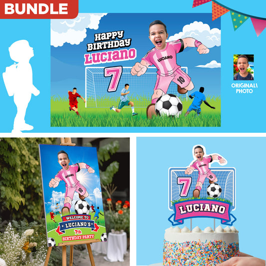 Custom Bundle Miami Soccer party backdrop, Futbol Messi cake topper and welcome sign. 2362B4