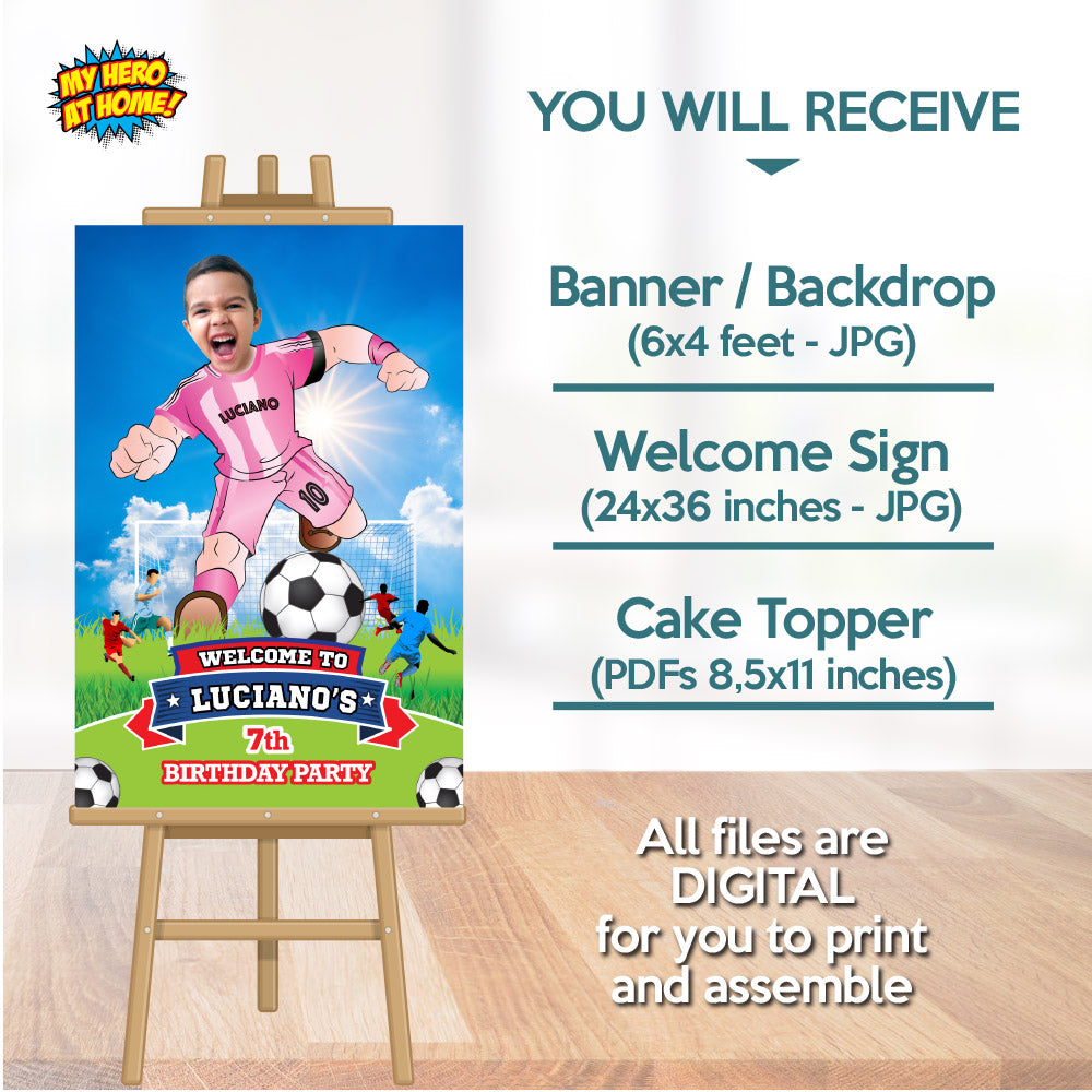 Custom Bundle Miami Soccer party backdrop, Futbol Messi cake topper and welcome sign. 2362B4