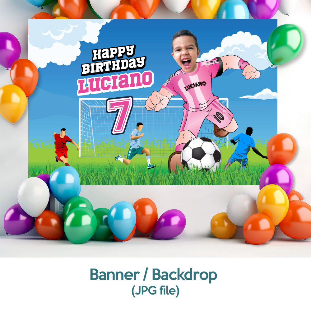 Custom Bundle Miami Soccer party backdrop, Futbol Messi cake topper and welcome sign. 2362B4