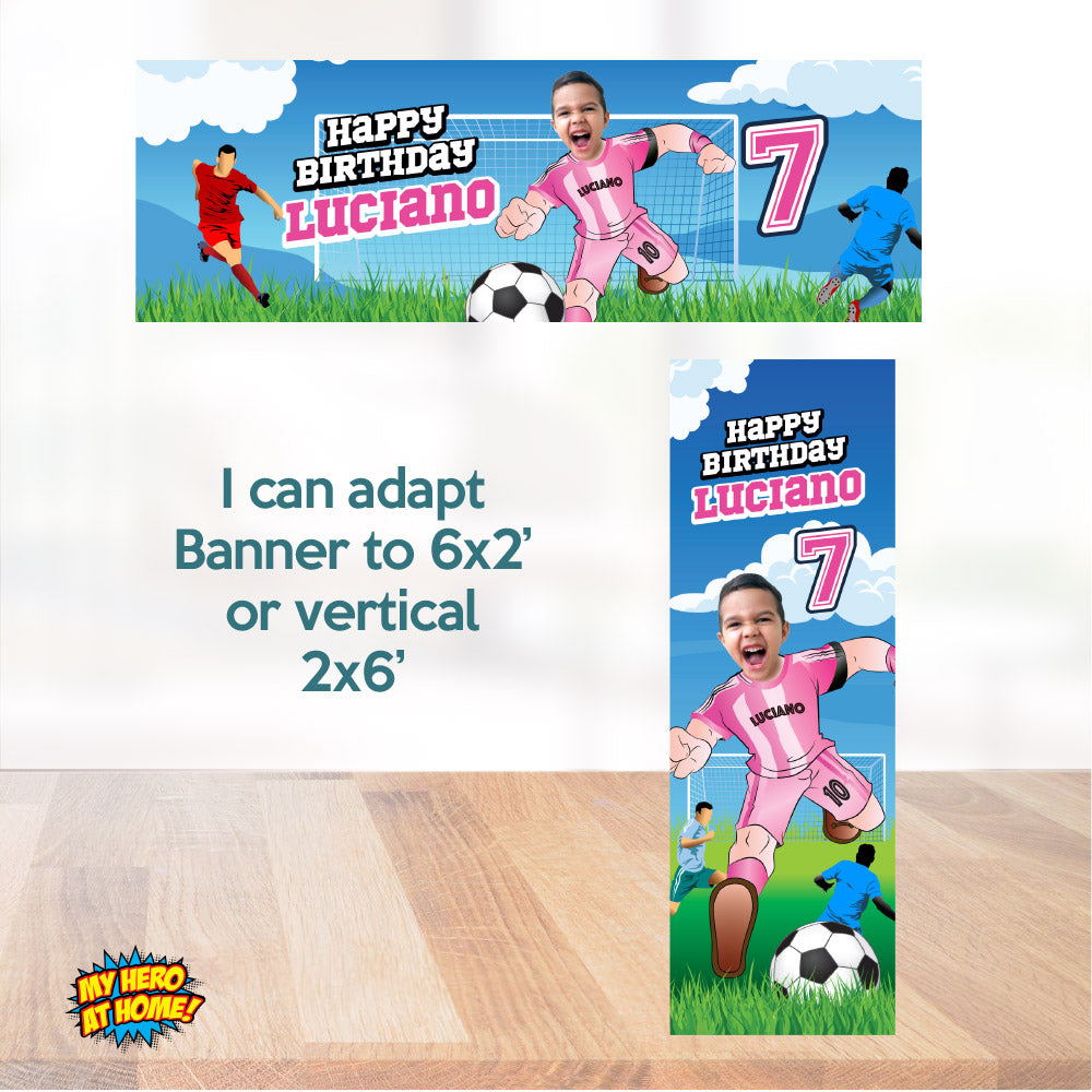Custom Bundle Miami Soccer party backdrop, Futbol Messi cake topper and welcome sign. 2362B4