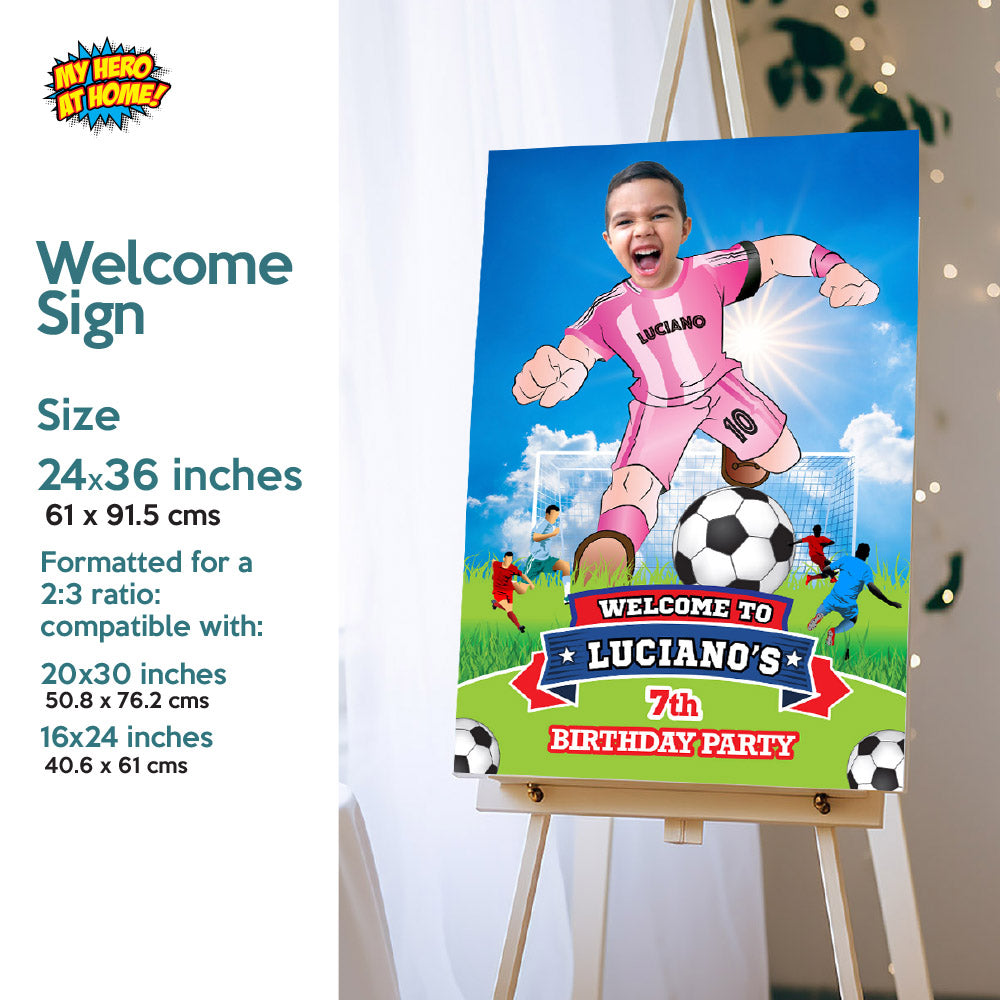 Custom Bundle Miami Soccer party backdrop, Futbol Messi cake topper and welcome sign. 2362B4