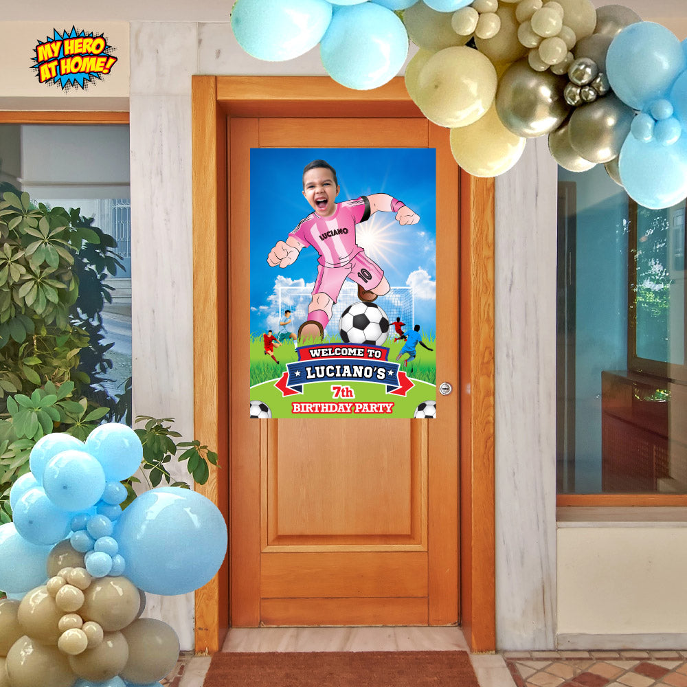 Custom Bundle Miami Soccer party backdrop, Futbol Messi cake topper and welcome sign. 2362B4