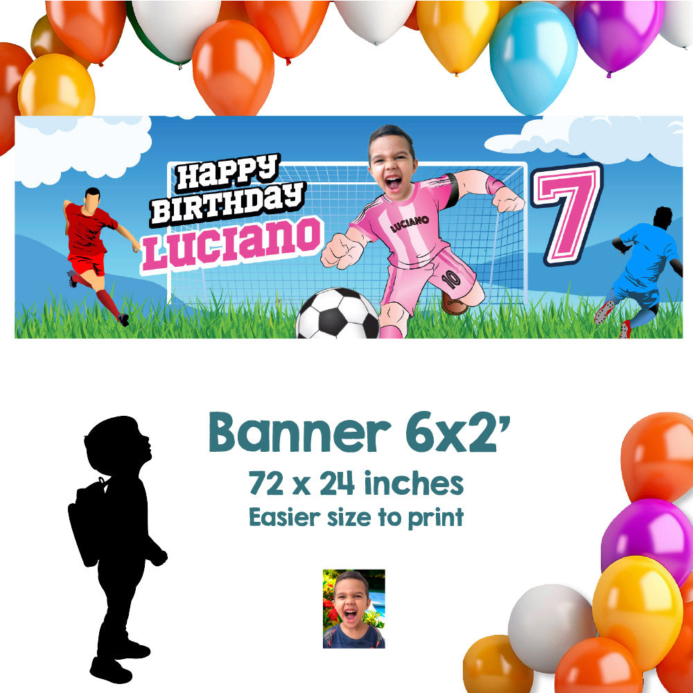 Miami Soccer birthday banner with kid as his favorite player (6x2', Soccer decoration). 2362BBH