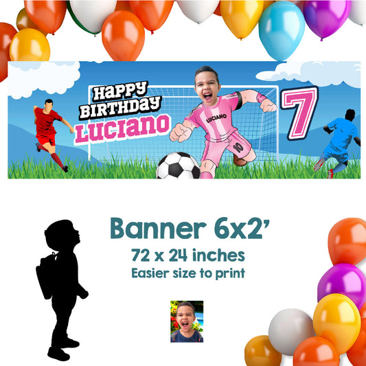 Miami Soccer birthday banner with kid as his favorite player (6x2', Soccer decoration). 2362BBH