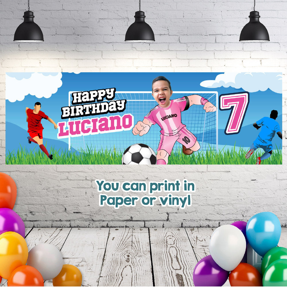 Miami Soccer birthday banner with kid as his favorite player (6x2', Soccer decoration). 2362BBH