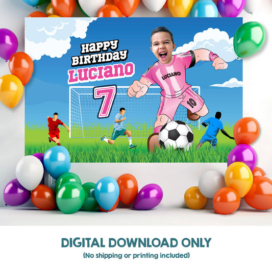 Soccer Birthday Backdrop with kid as the MVP, Custom Futbol Inter Miami party banner decoration. 2362BB