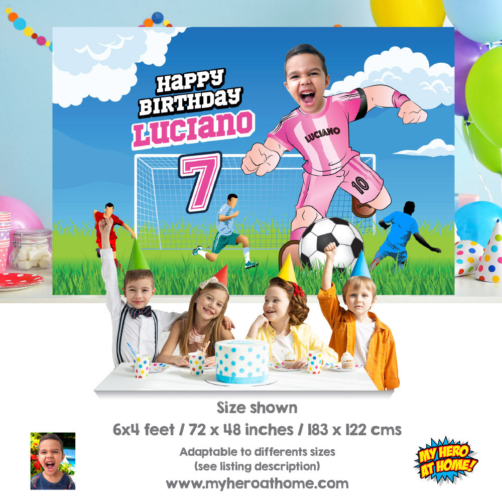 Soccer Birthday Backdrop with kid as the MVP, Custom Futbol Inter Miami party banner decoration. 2362BB