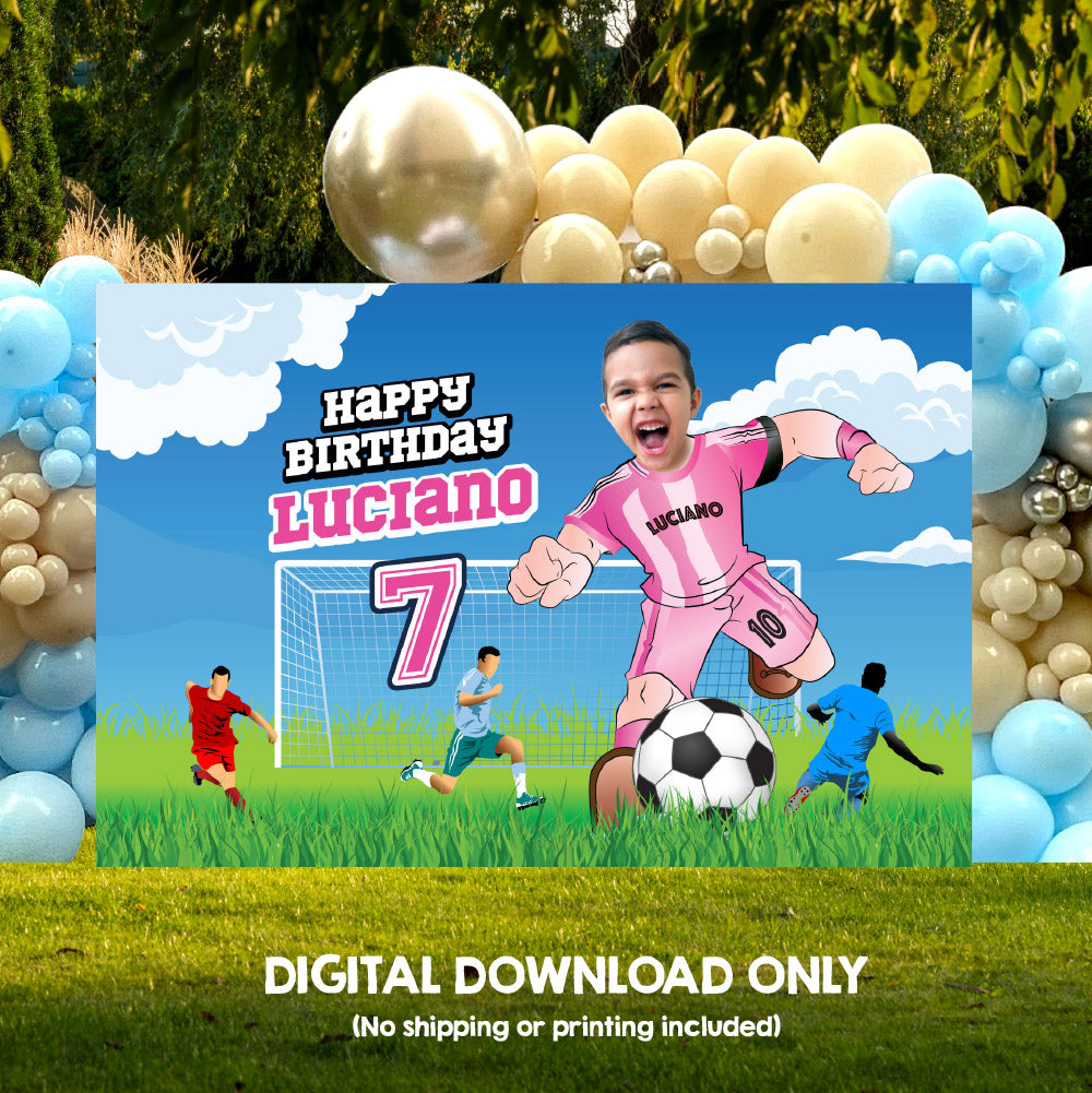 Soccer Birthday Backdrop with kid as the MVP, Custom Futbol Inter Miami party banner decoration. 2362BB