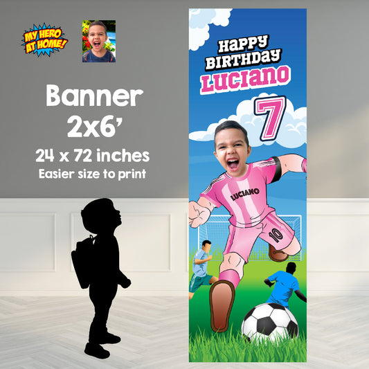 Soccer Inter Miami vertical birthday banner with kid as his favorite player (2x6', Portrait, Rollup). 2362BBV