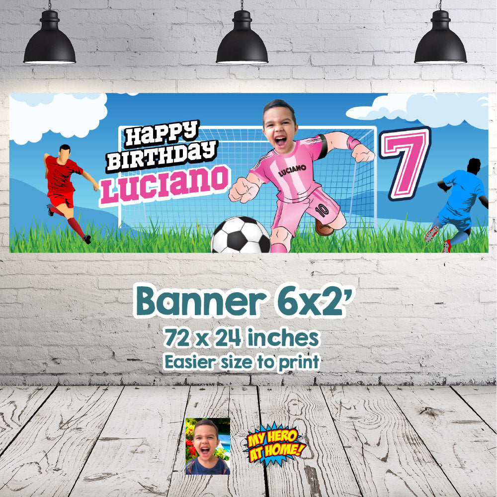 Soccer Inter Miami vertical birthday banner with kid as his favorite player (2x6', Portrait, Rollup). 2362BBV