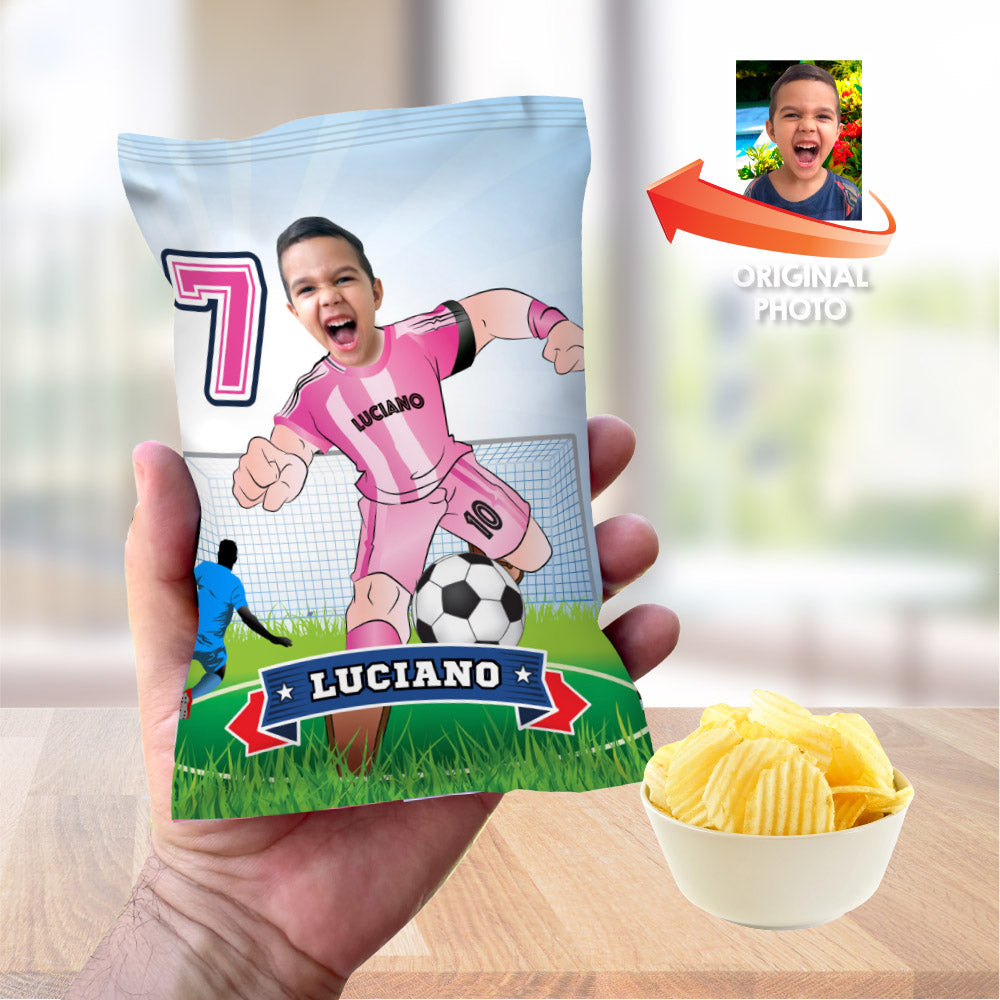 Matching birthday items for a Inter Miami Soccer themed table Party, cake topper, water, Chips, boxes. 2362B1