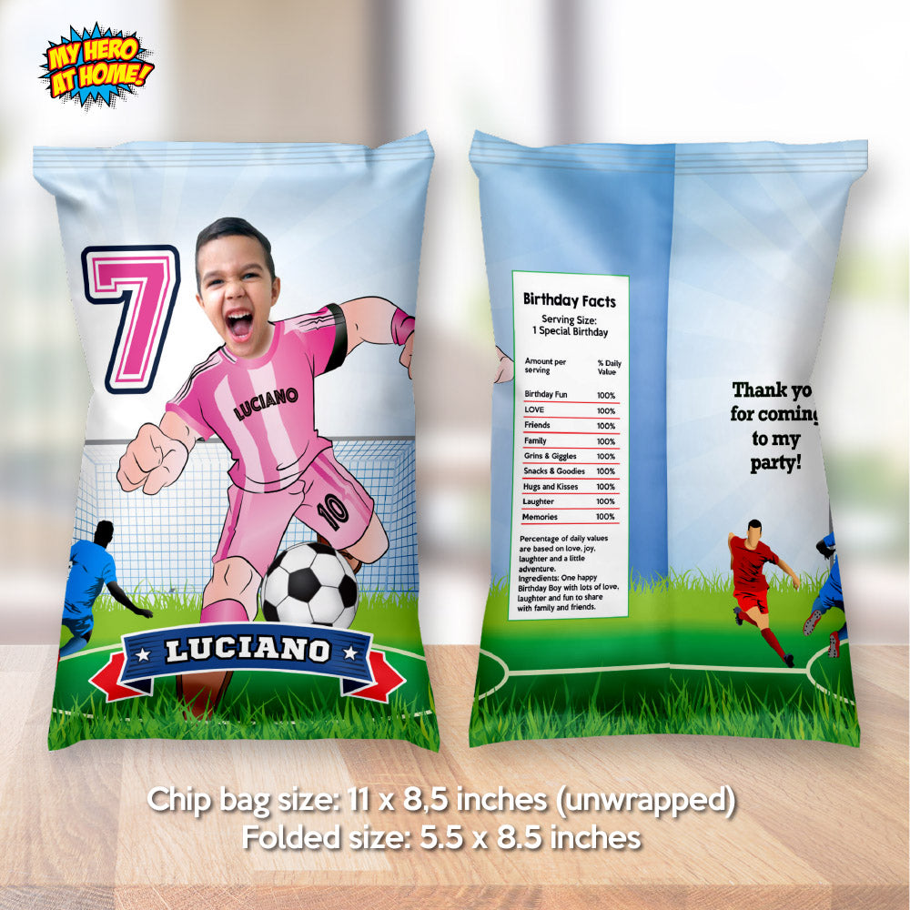 Custom Miami Soccer snacks bags labels, Inter Miami Chip Bag wrappers with kid as the MVP. 2362CB
