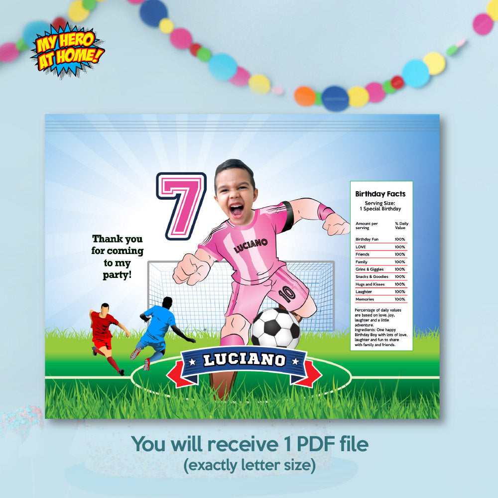 Matching birthday items for a Inter Miami Soccer themed table Party, cake topper, water, Chips, boxes. 2362B1