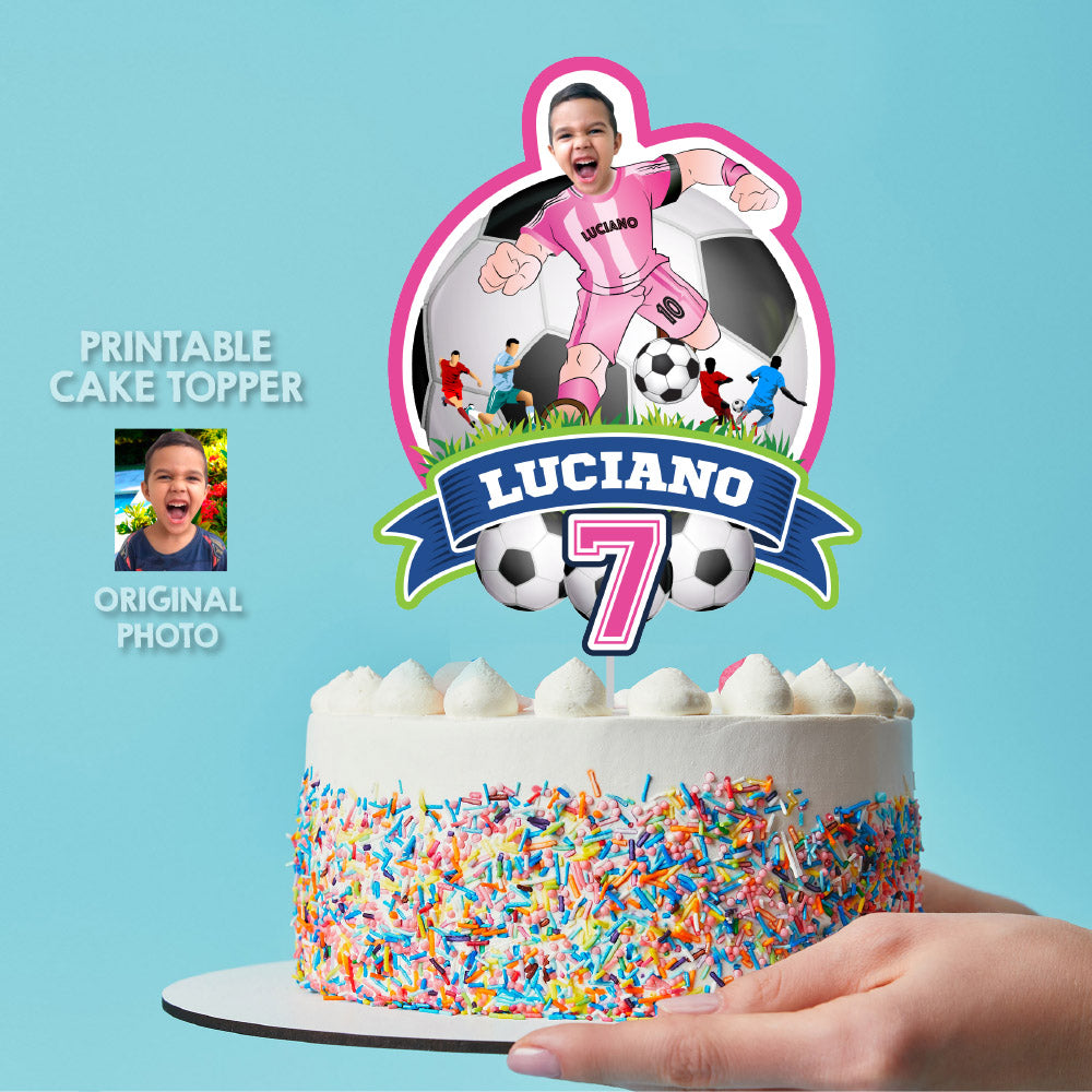 Matching birthday items for a Inter Miami Soccer themed table Party, cake topper, water, Chips, boxes. 2362B1