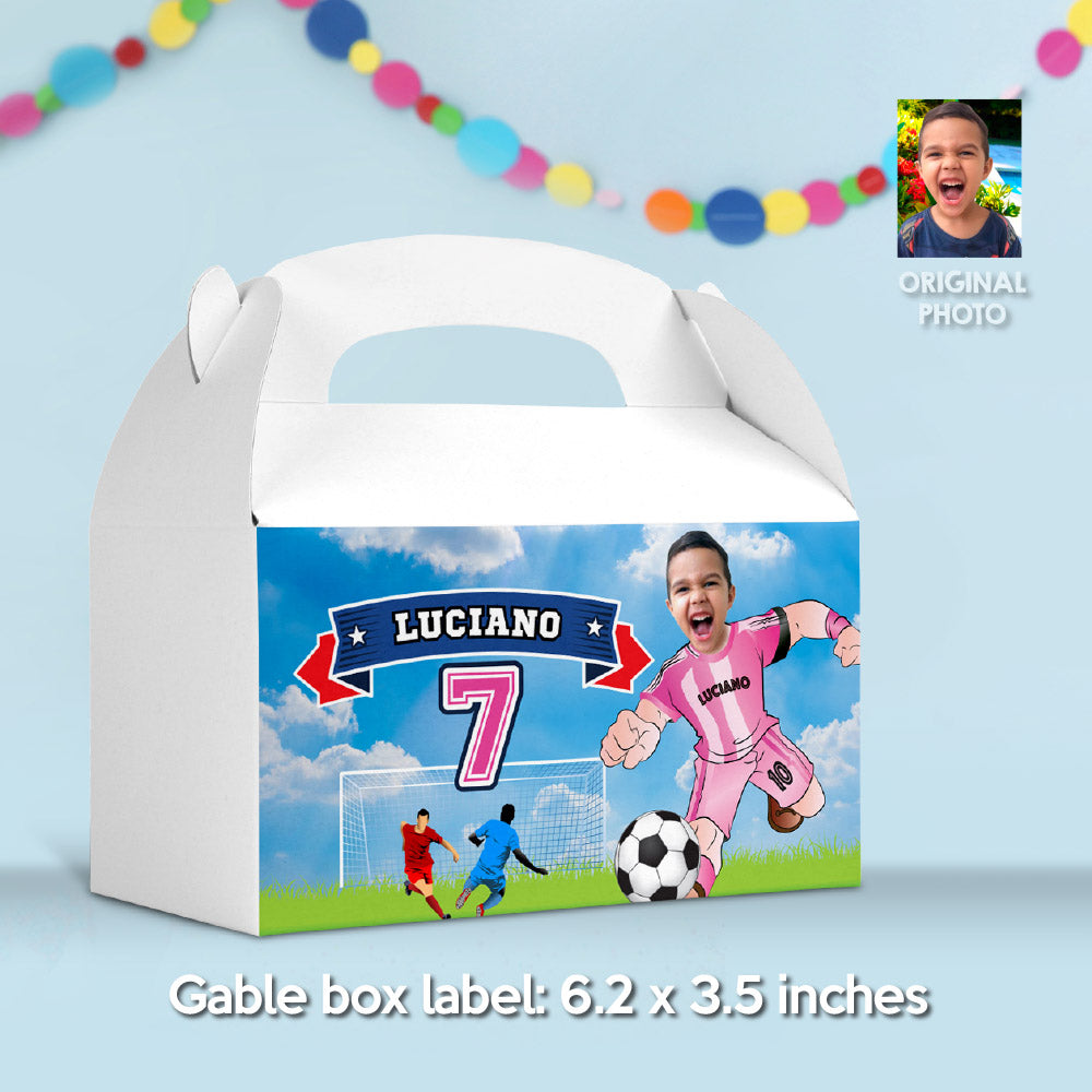 Matching birthday items for a Inter Miami Soccer themed table Party, cake topper, water, Chips, boxes. 2362B1
