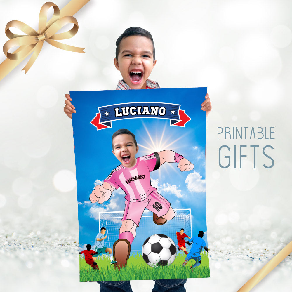 Soccer poster with kid as his favorite player Messi, Printable gift of Inter Miami Futbol. 2362GF
