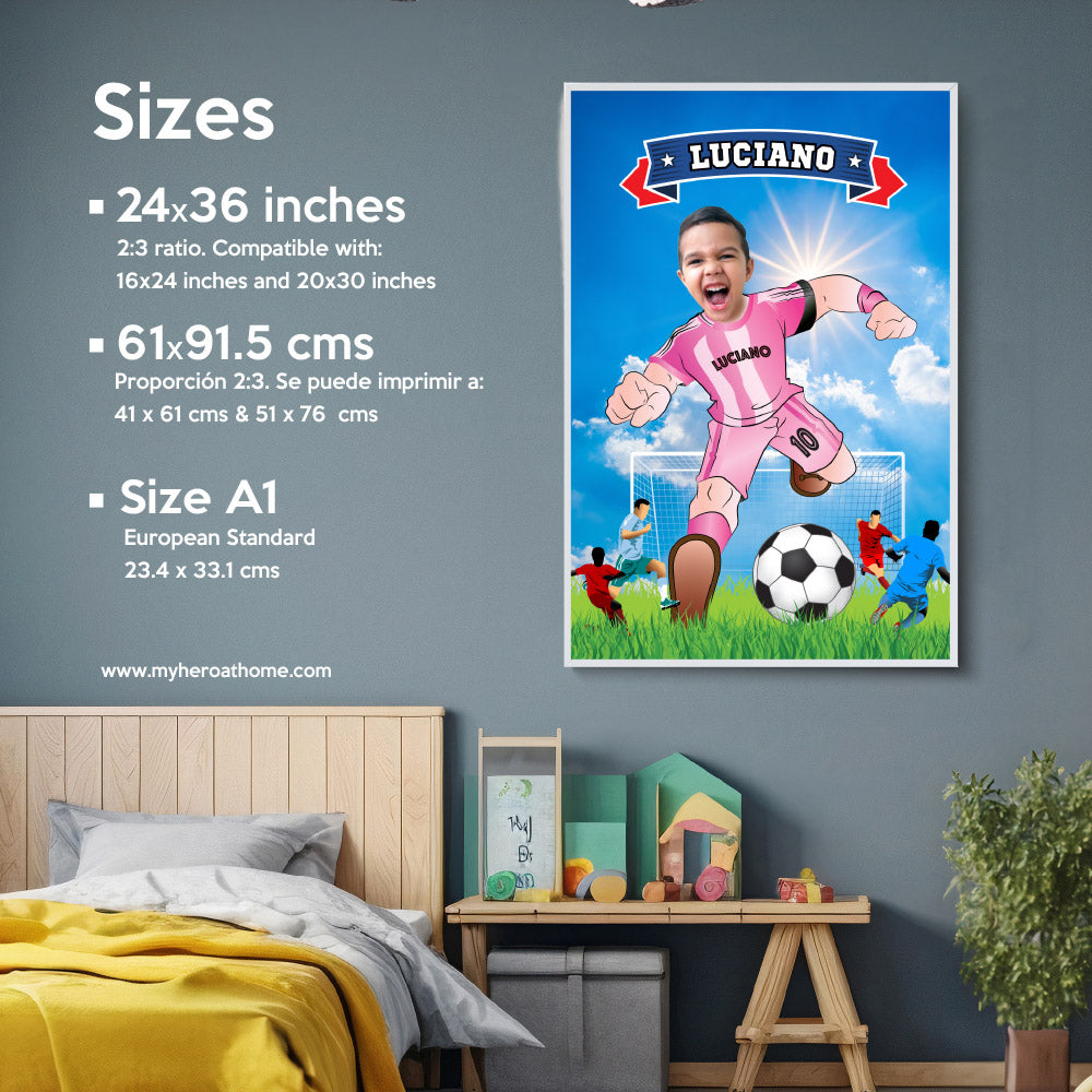 Soccer poster with kid as his favorite player Messi, Printable gift of Inter Miami Futbol. 2362GF