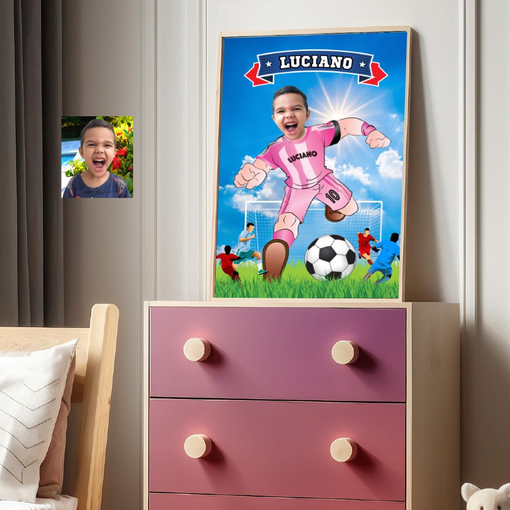 Soccer poster with kid as his favorite player Messi, Printable gift of Inter Miami Futbol. 2362GF