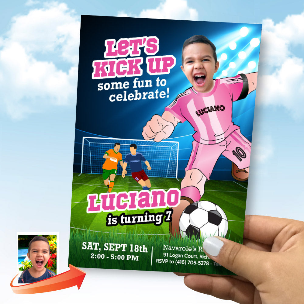 Customized Miami Soccer birthday invitation with kid as his favorite player, Inter Miami party invitation with photo. 2362IN