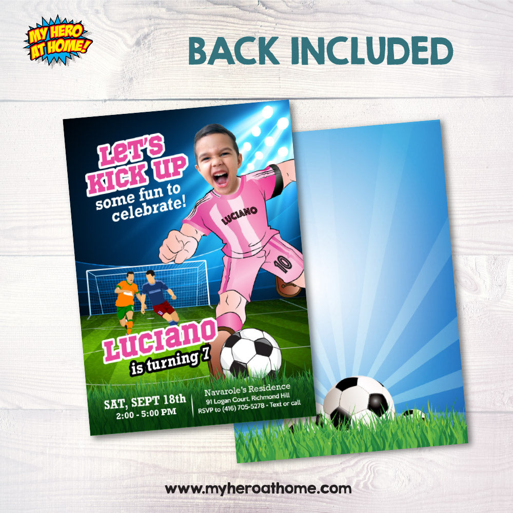 Customized Miami Soccer birthday invitation with kid as his favorite player, Inter Miami party invitation with photo. 2362IN