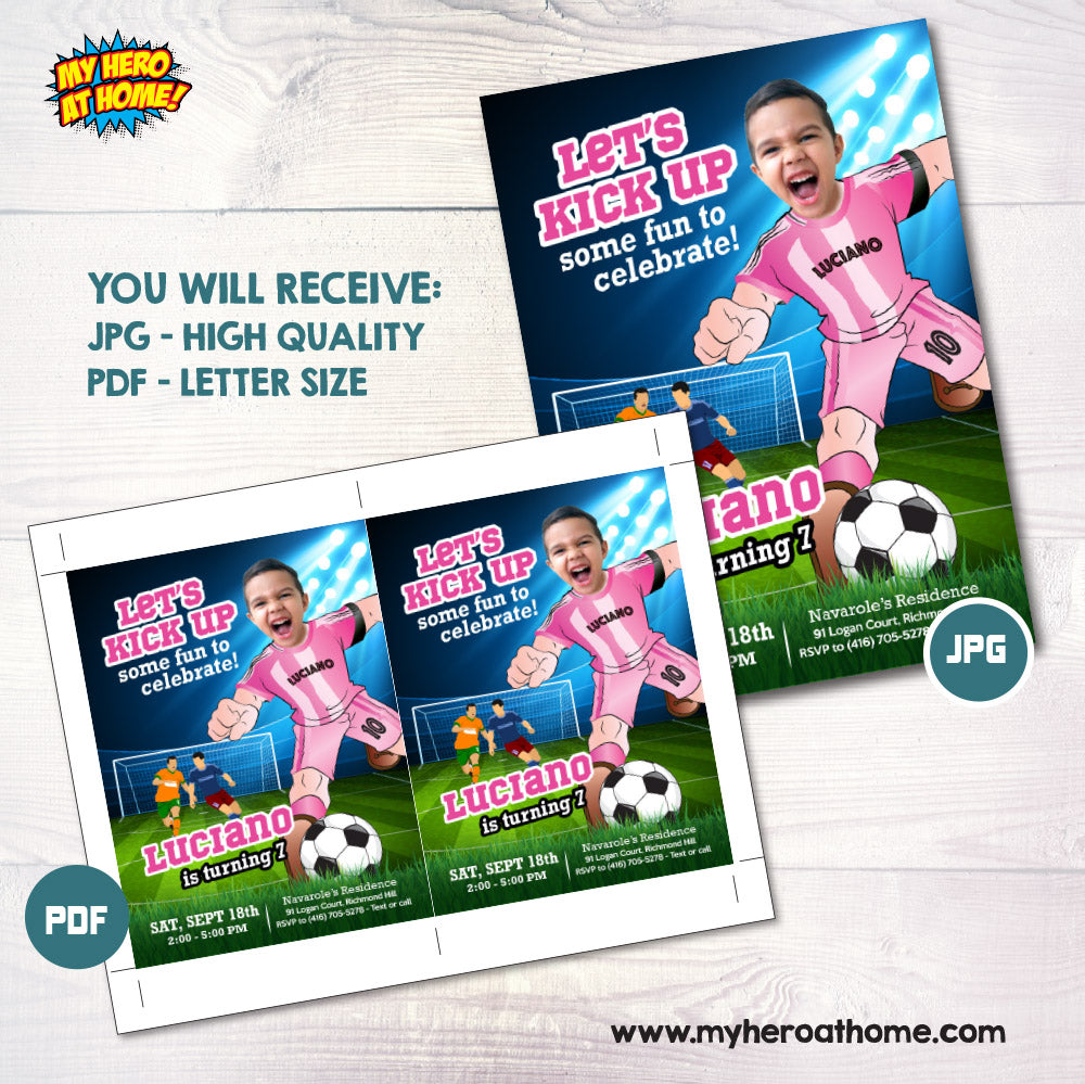 Customized Miami Soccer birthday invitation with kid as his favorite player, Inter Miami party invitation with photo. 2362IN